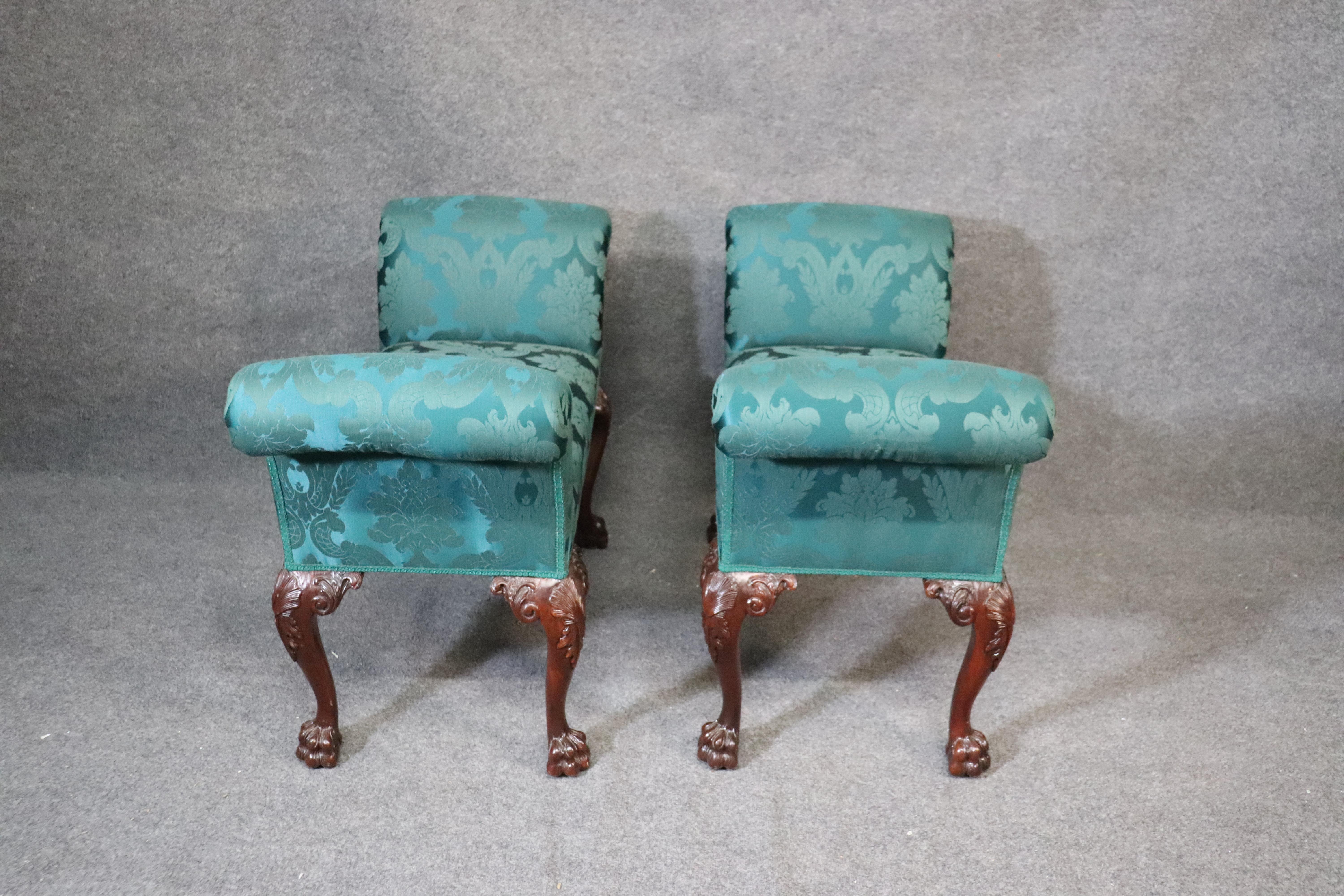 Mid-20th Century Pair of Green Damask Georgian Carved Mahogany Foot Stools Window Benches