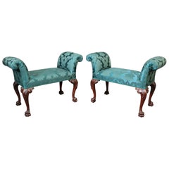 Pair of Green Damask Georgian Carved Mahogany Foot Stools Window Benches