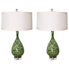 Vintage Pair of Green Drip Ceramic Lamps, circa 1960