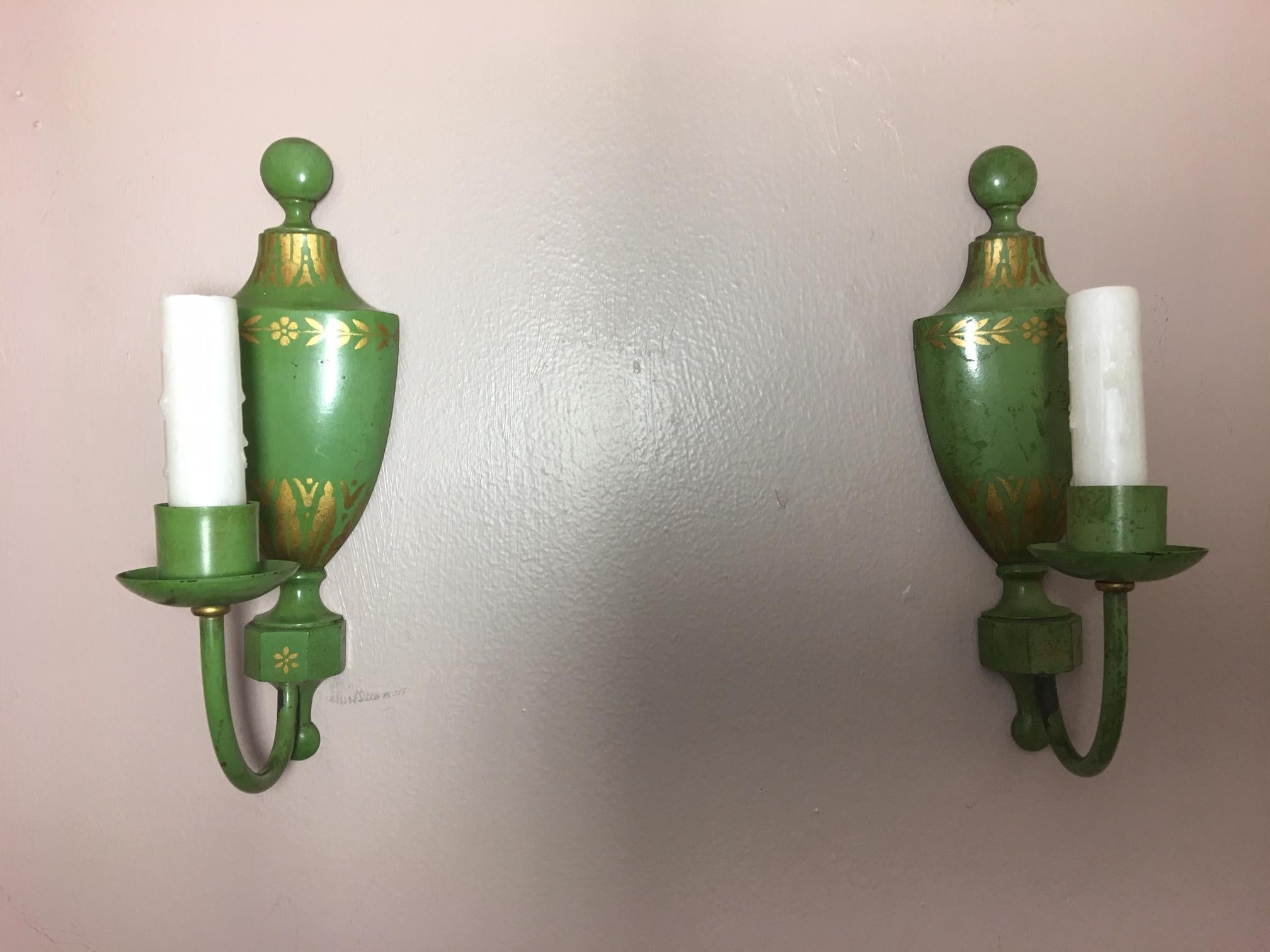 Pair of green E. F. Caldwell one light sconces, 20th century.