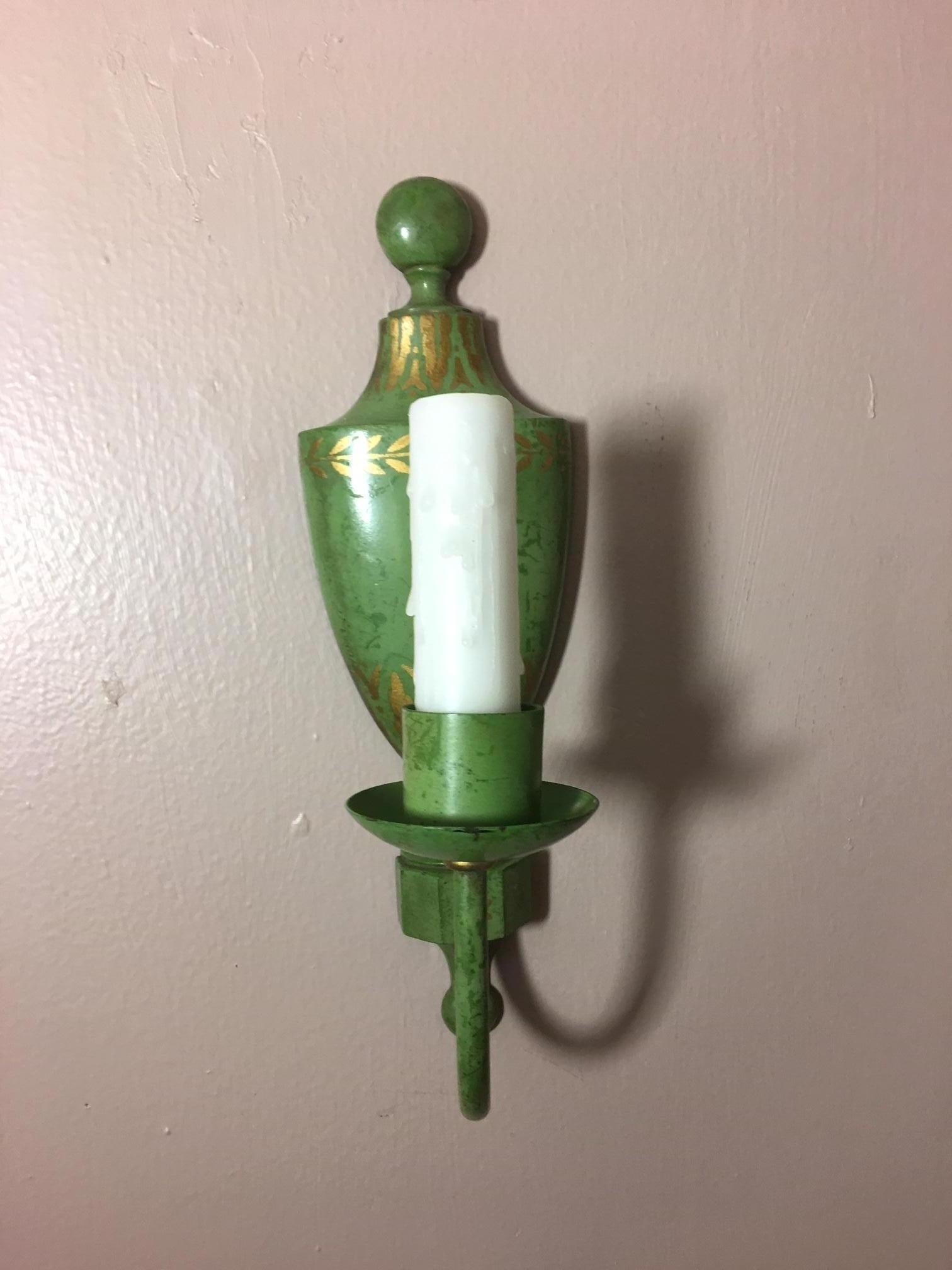 American Pair of Green E. F. Caldwell One Light Sconces, 20th Century