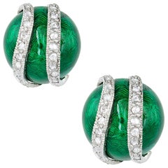 Pair of Green Enamel and Diamond Earrings