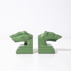 Pair of Green Enameled Double Greyhound Bookends signed Nuart Creations