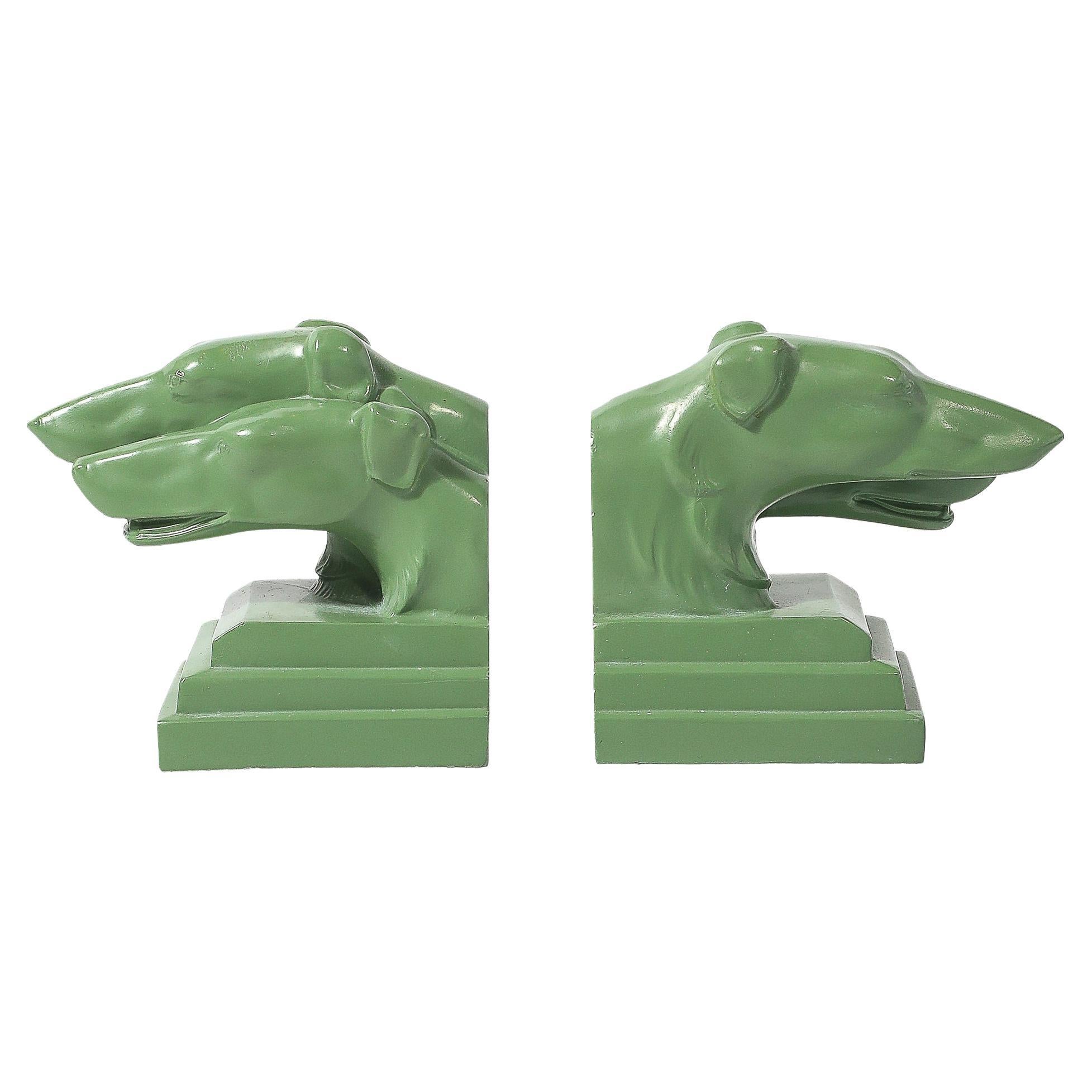Pareja de Sujetalibros Doble Galgo Esmaltado en Verde firmados Nuart Creations en venta