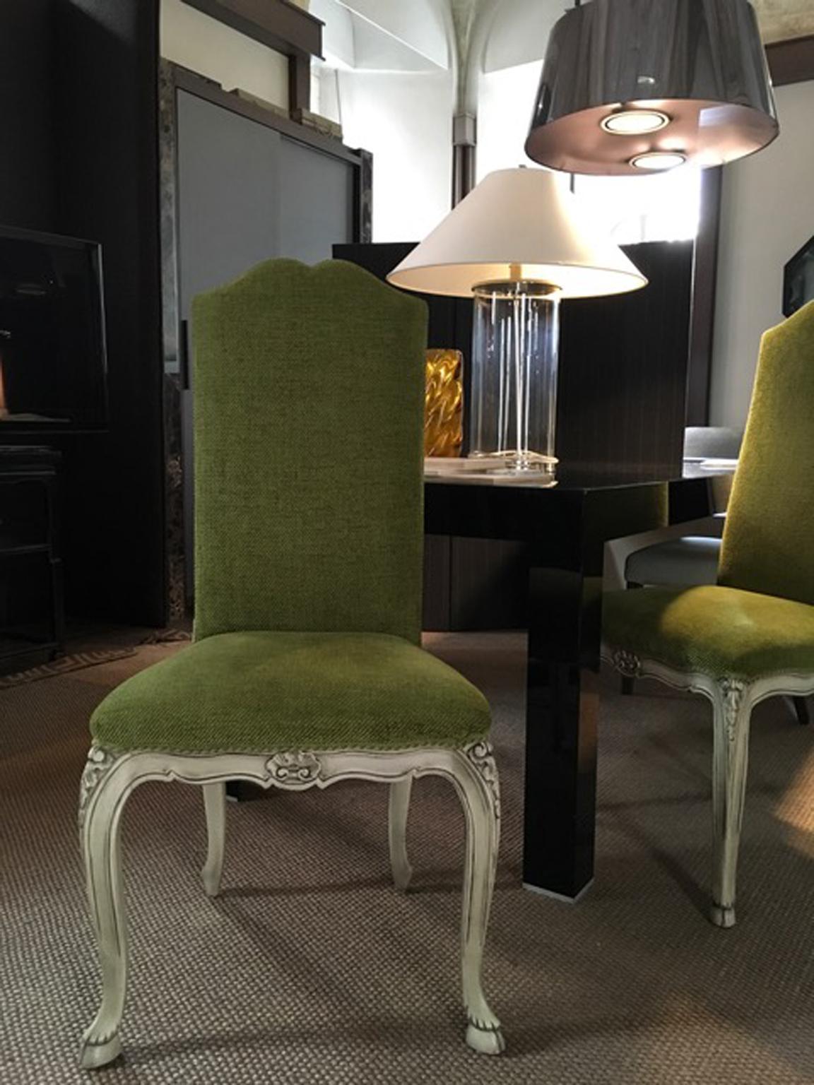 French Provincial Pair Green Fabric Upholstered Chairs For Sale 12