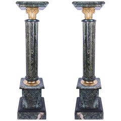 Pair of Green Floor Standing Marble Pedestals with Bronze Acanthus Capitals