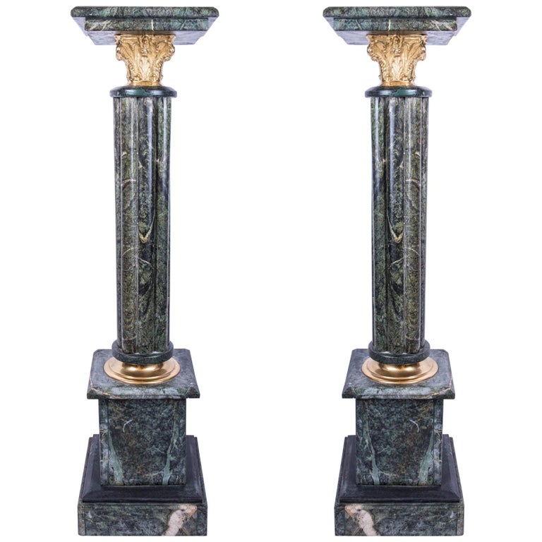 Pair of Green Floor Standing Marble Pedestals with Bronze Acanthus