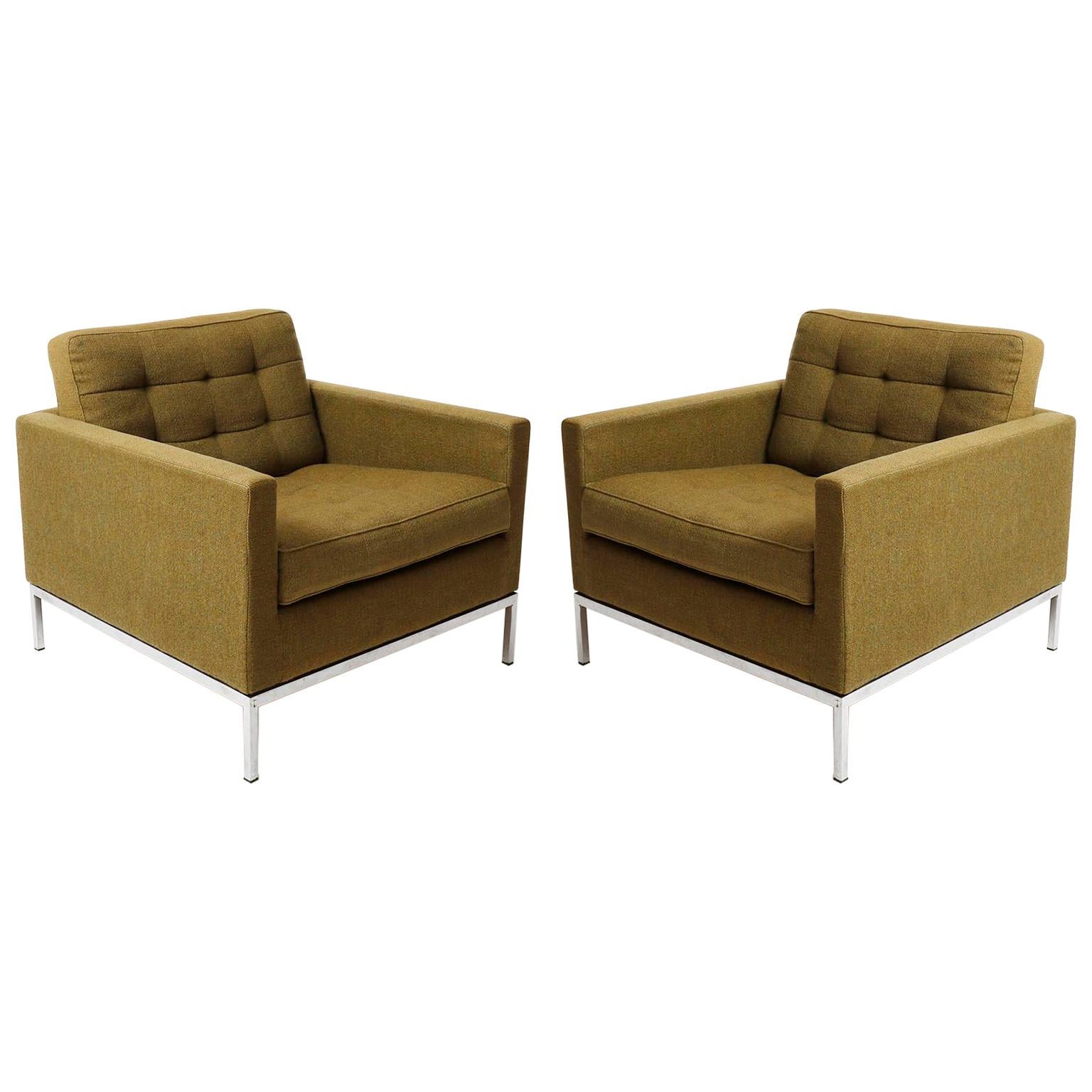 Pair of Green Florence Knoll Lounge Chairs Armchairs, Knoll International, 1954