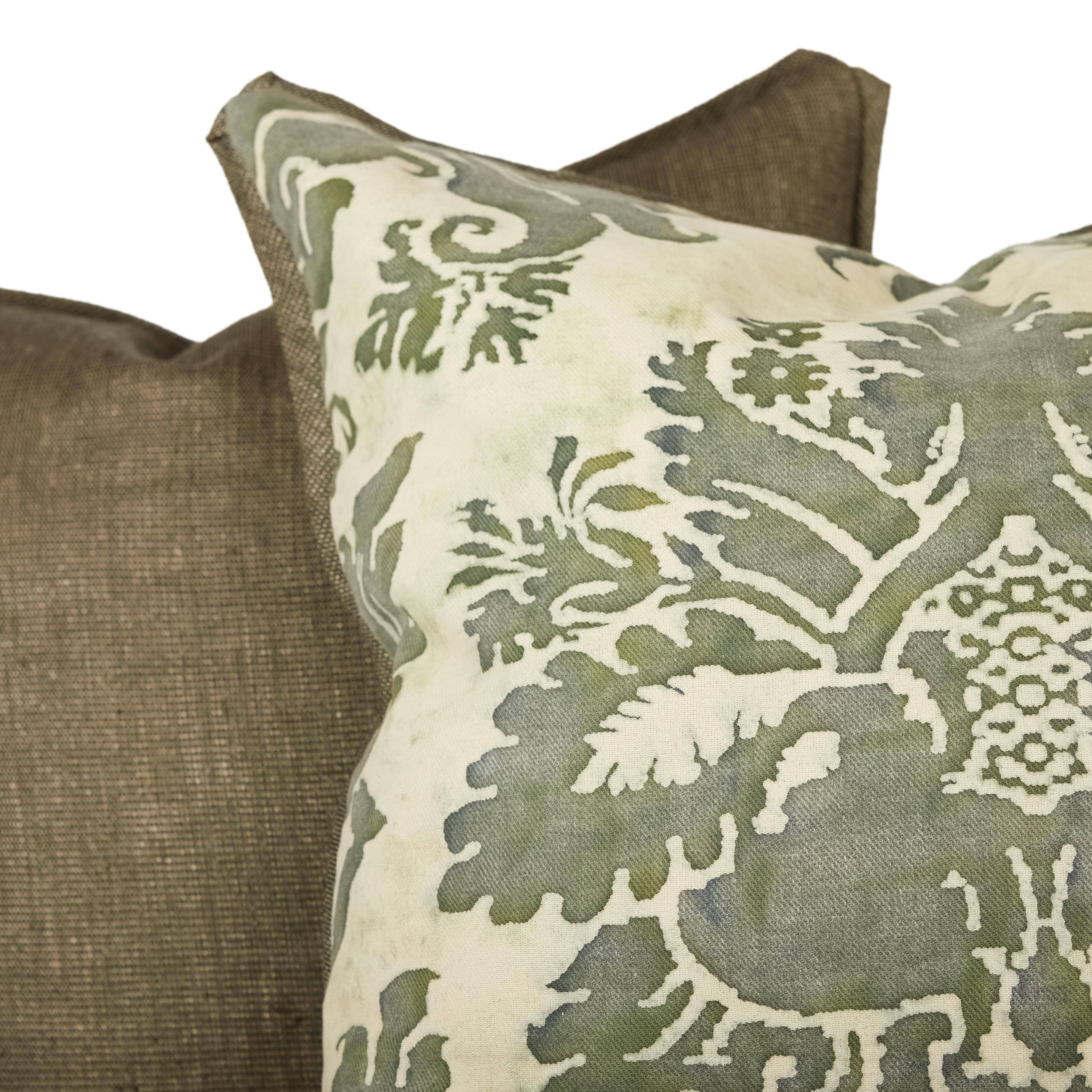 American Pair of Green Fortuny Fabric Cushions in the Glicine Pattern