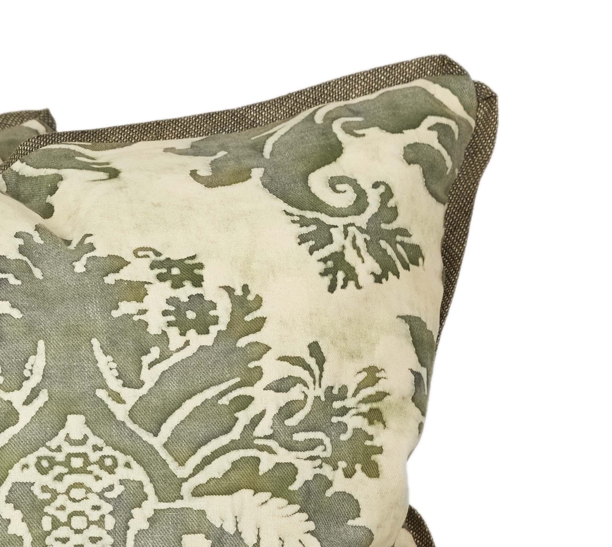 Contemporary Pair of Green Fortuny Fabric Cushions in the Glicine Pattern