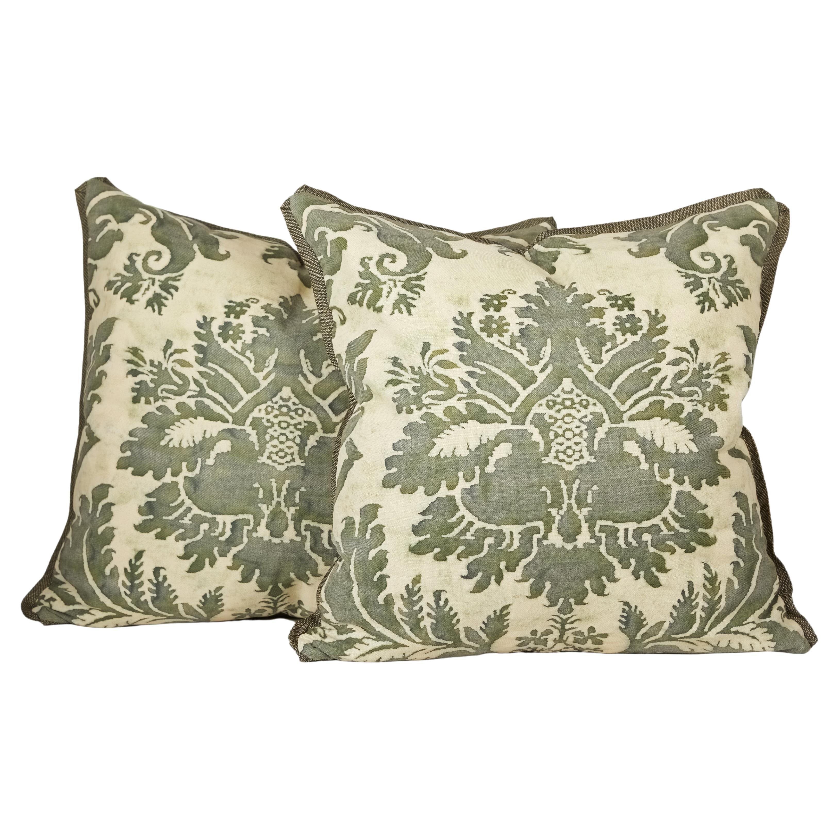 Pair of Green Fortuny Fabric Cushions in the Glicine Pattern