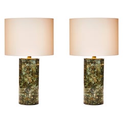 Pair of Green Fractal Resin and Gold Leaves Table Lamps