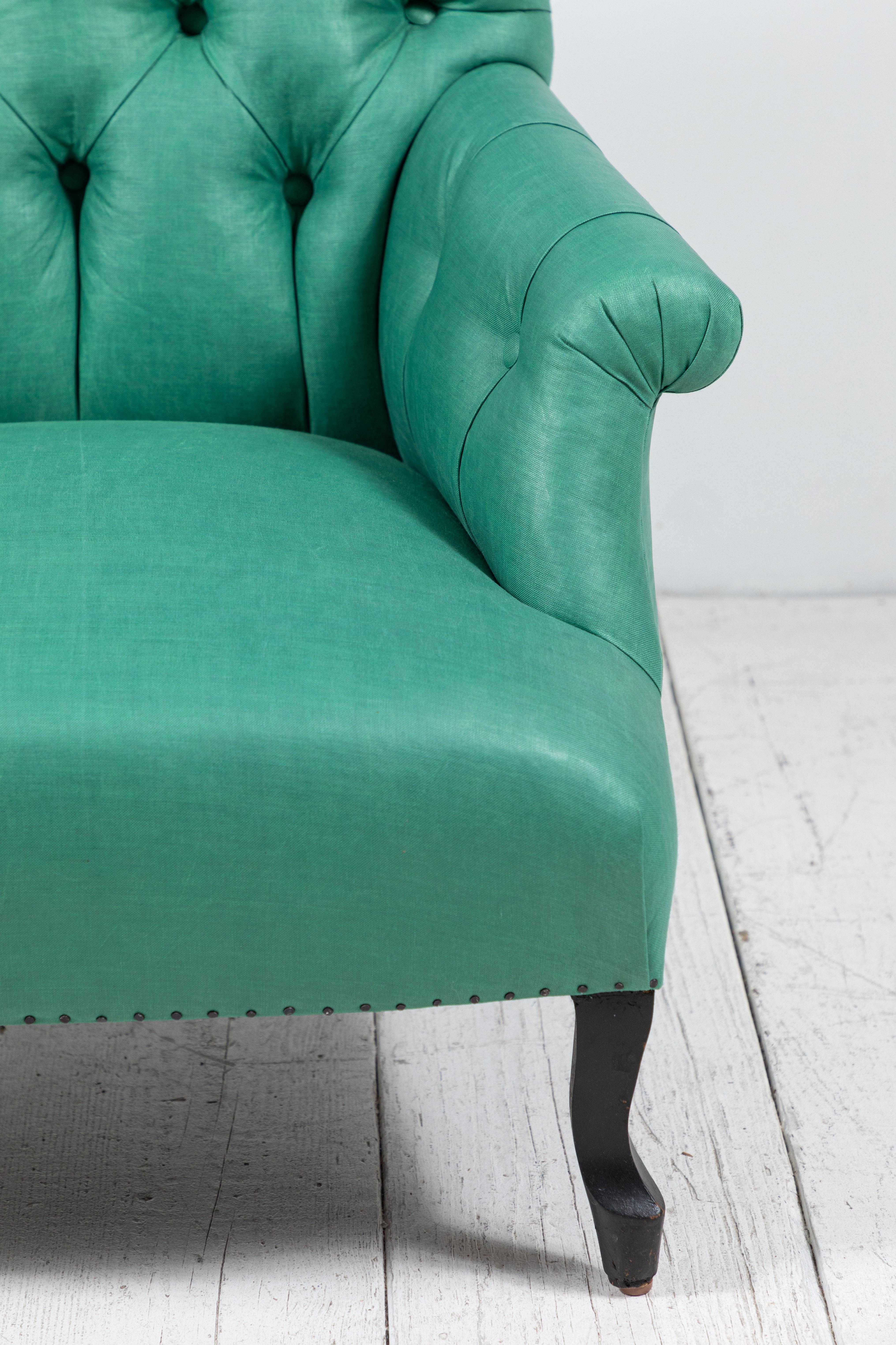 Pair of French tufted club chairs newly upholstered in classic green beetled linen, the fabric is from British Company 36 Bourne Street. Cabriole legs has original finish.