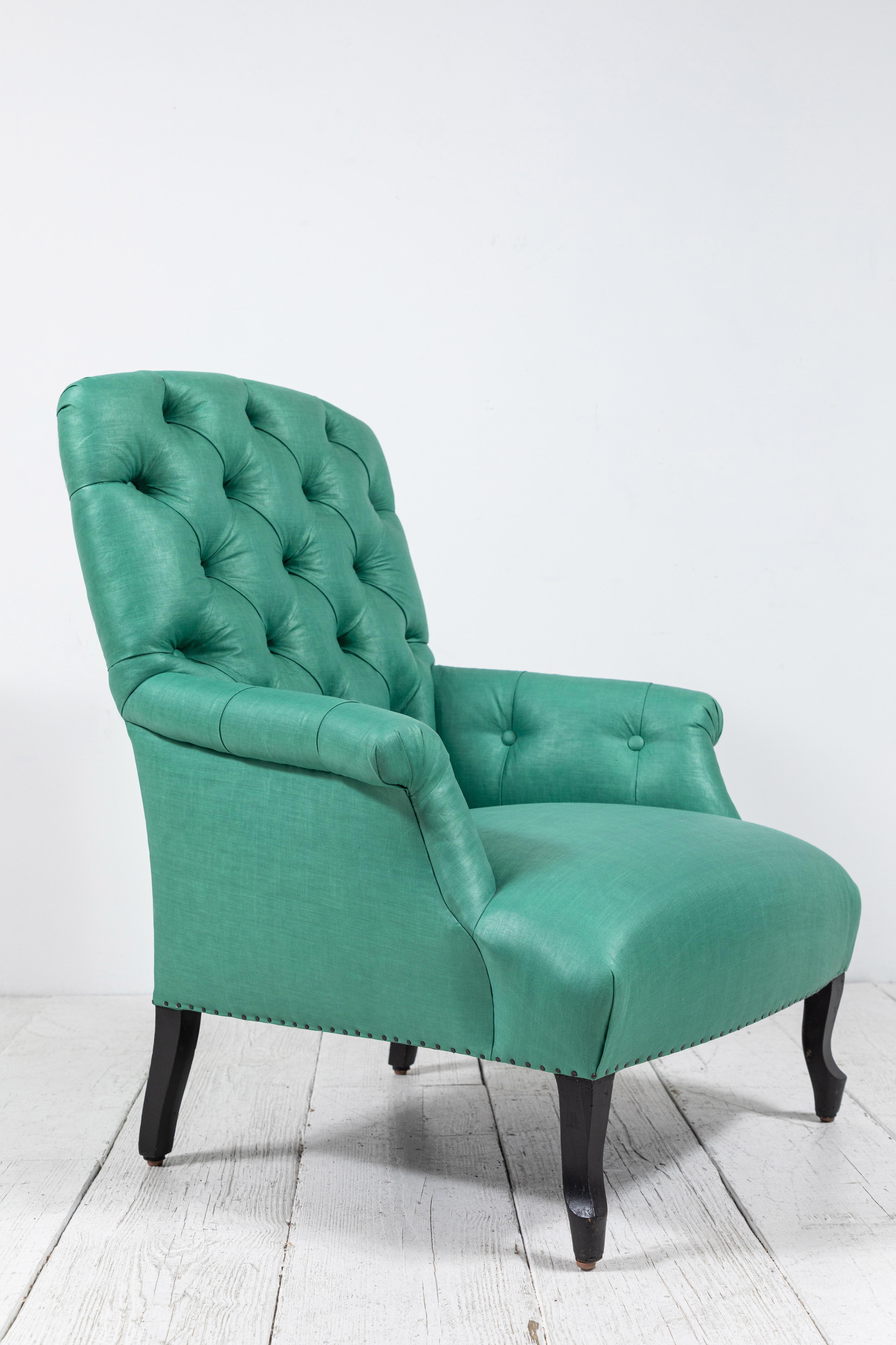 Mid-20th Century Pair of Green French Tufted Club Chairs