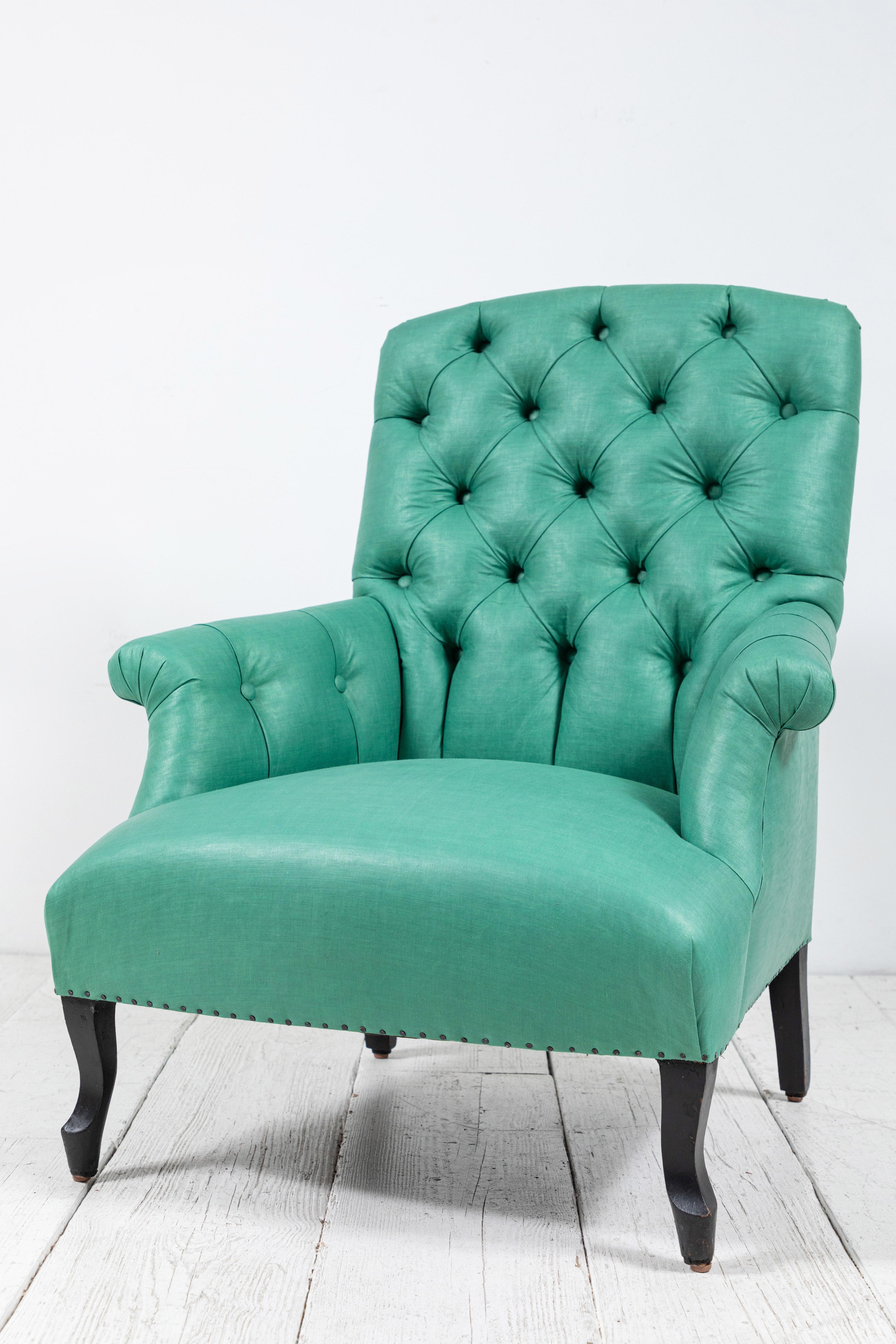 Wood Pair of Green French Tufted Club Chairs