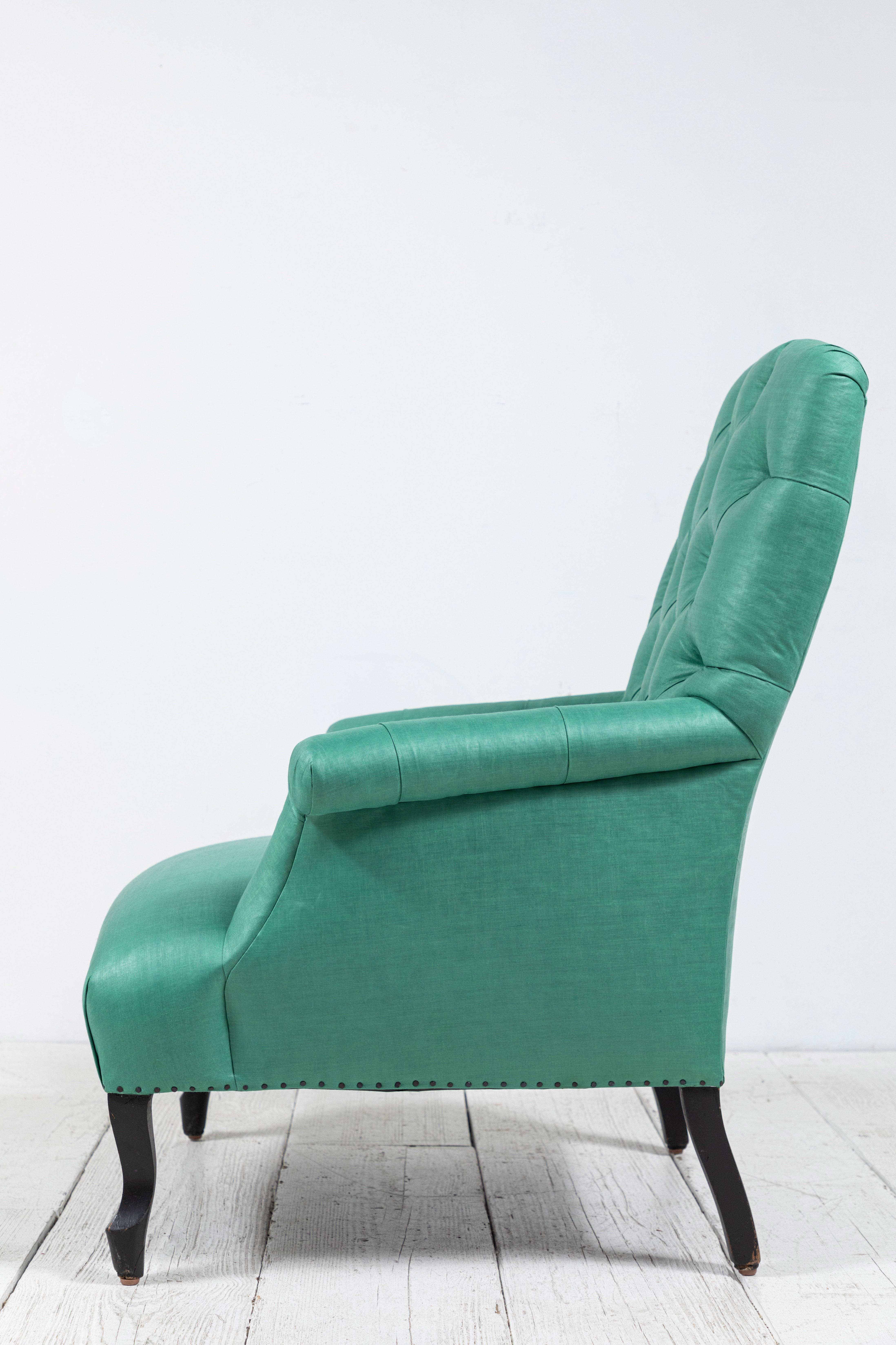 Pair of Green French Tufted Club Chairs 1