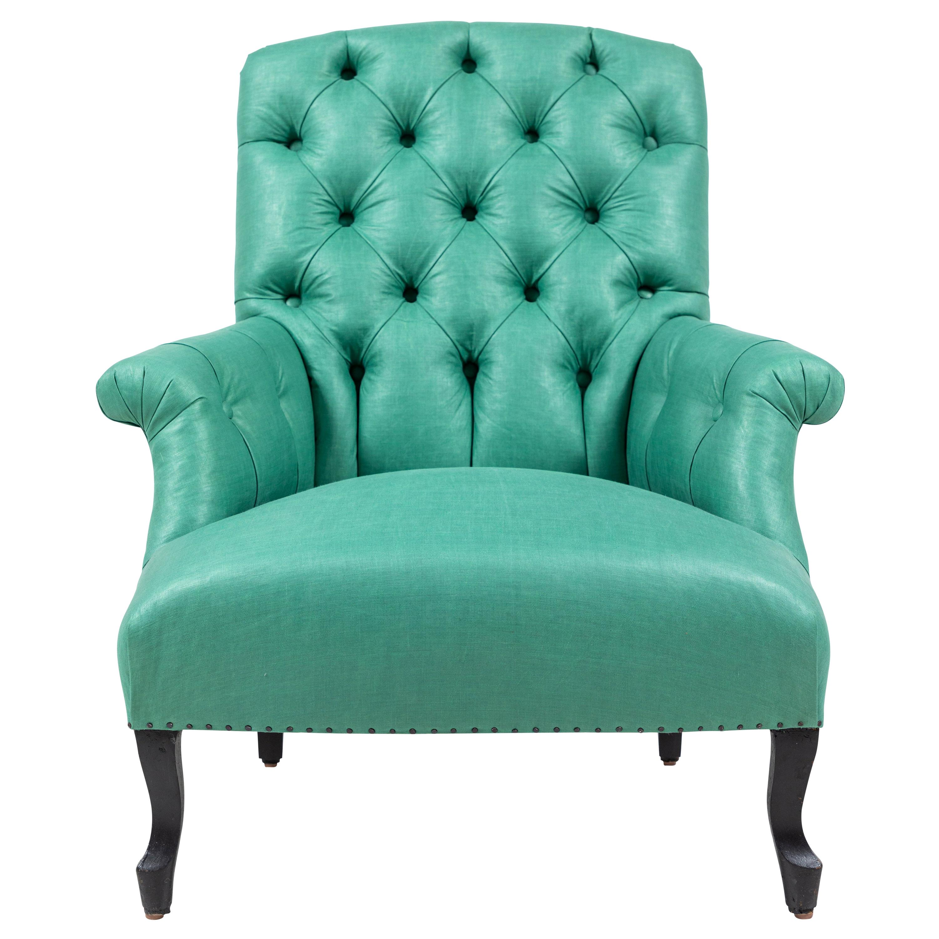 Pair of Green French Tufted Club Chairs