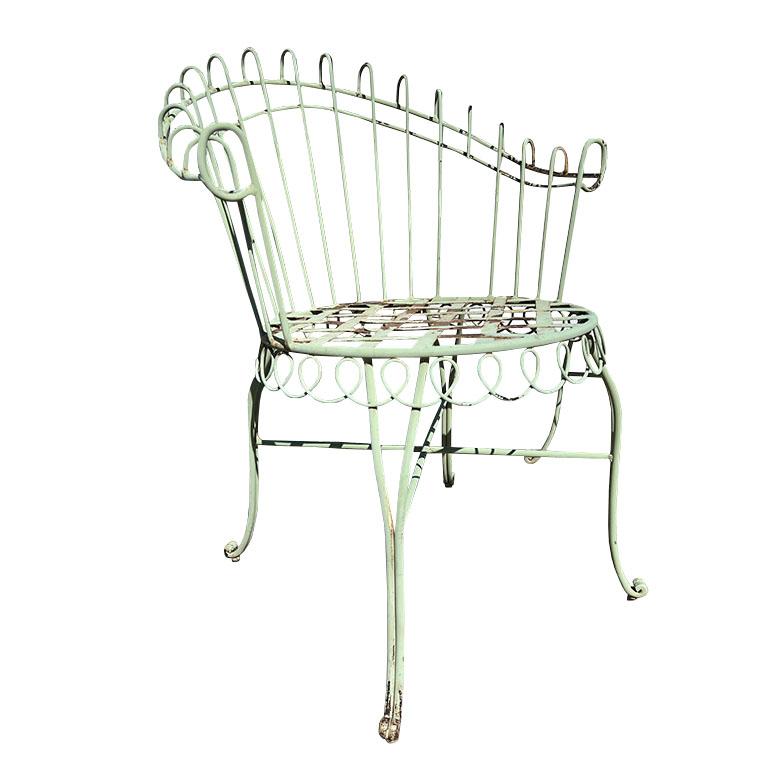 Art Nouveau Pair of Green French Wrought Iron Garden Chairs in the Style of Salterini For Sale