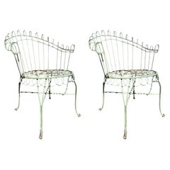 Pair of Green French Wrought Iron Garden Chairs in the Style of Salterini