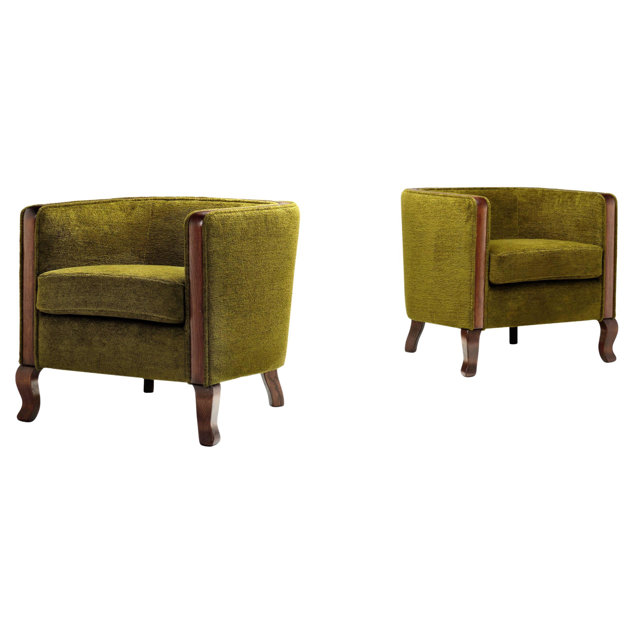 Pair of Green Funkis Easy Chairs with Oak Frame, Scandinavia 1930s