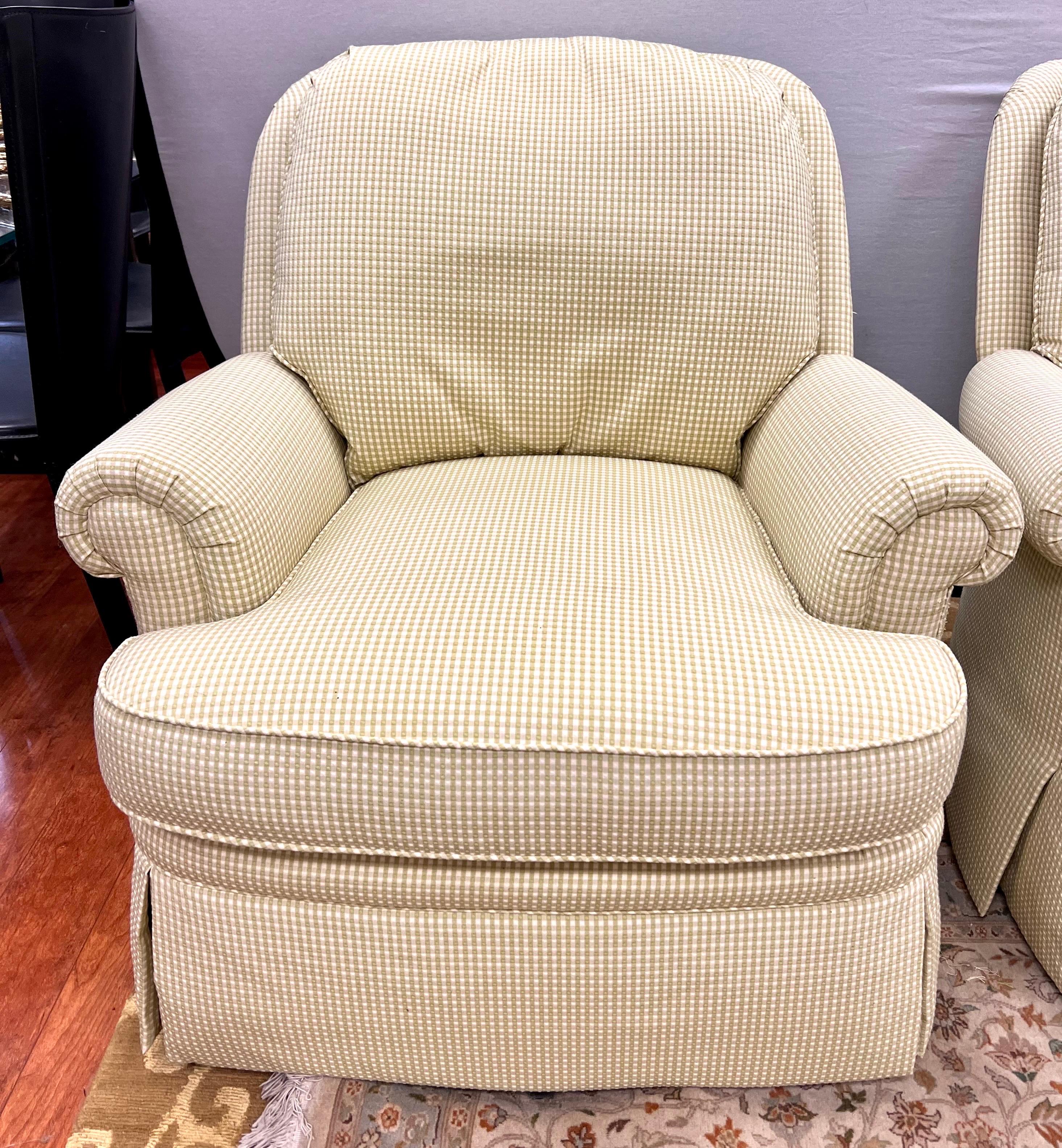 Upholstery Pair of Green Gingham Check Swivel Rocker Club Chairs