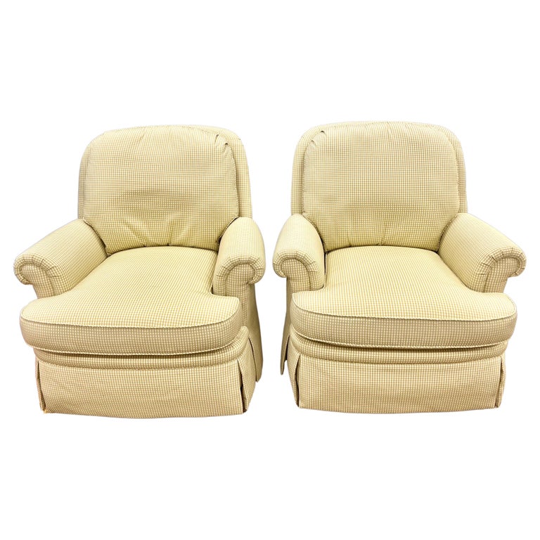 Pair of Green Gingham Check Swivel Rocker Club Chairs For Sale at 1stDibs