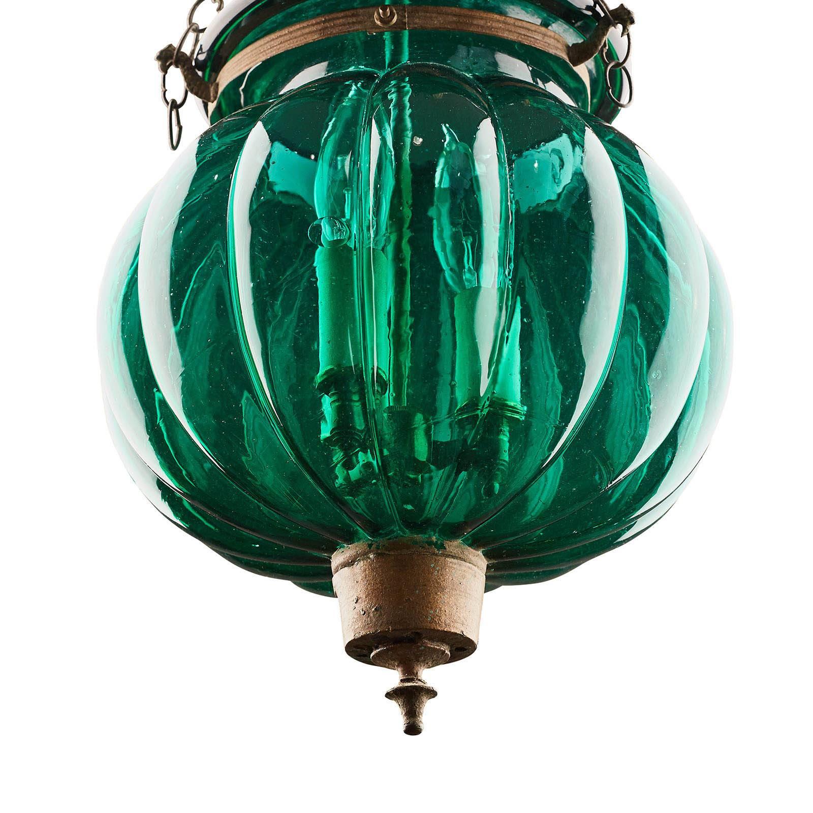 Anglo-Indian Pair of Green Glass Bell Jar Lanterns, India, circa 1900