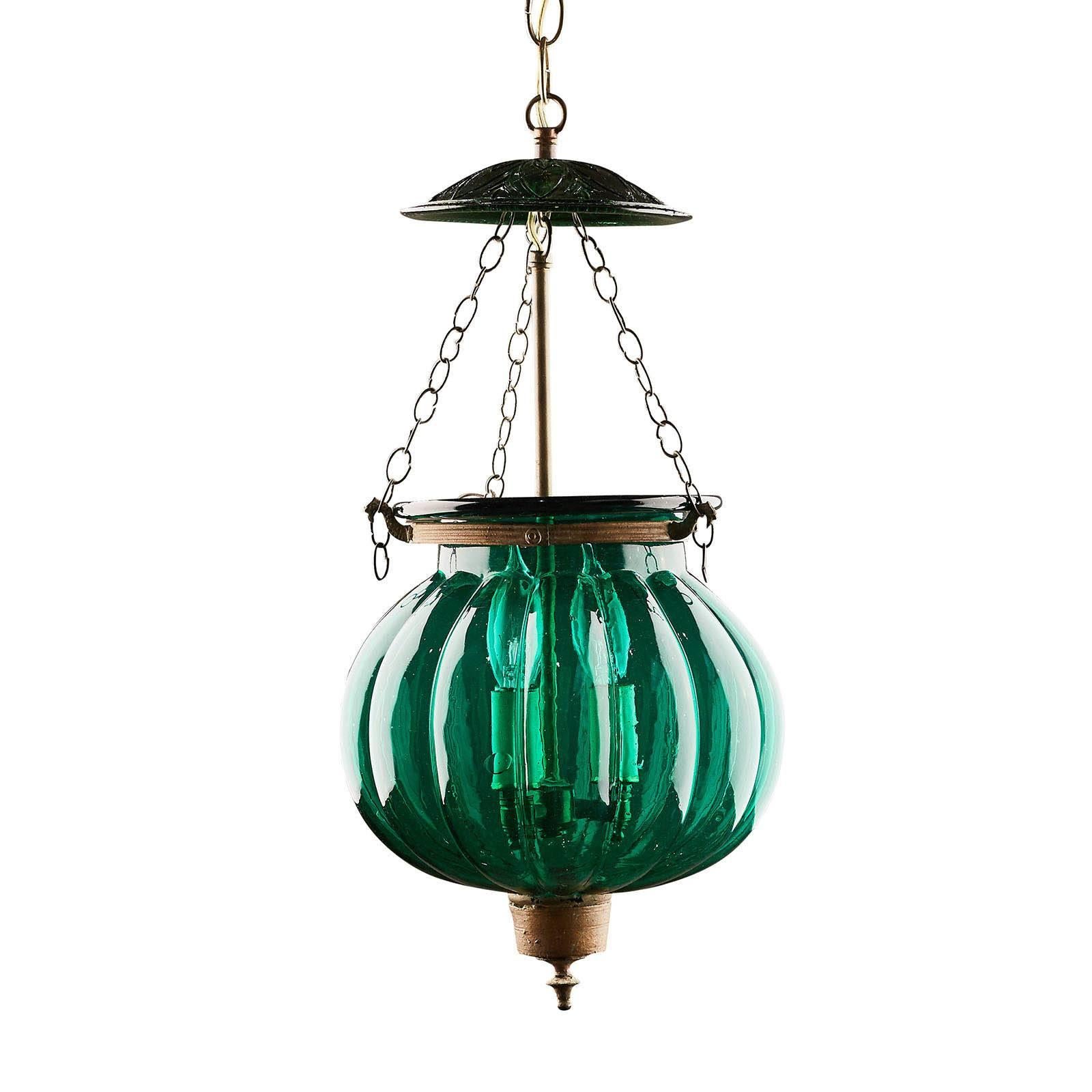 19th Century Pair of Green Glass Bell Jar Lanterns, India, circa 1900