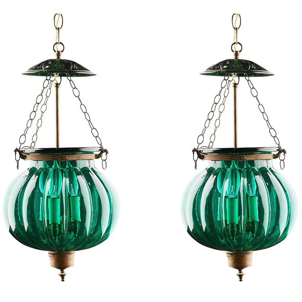 Pair of Green Glass Bell Jar Lanterns, India, circa 1900