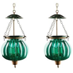 Antique Pair of Green Glass Bell Jar Lanterns, India, circa 1900