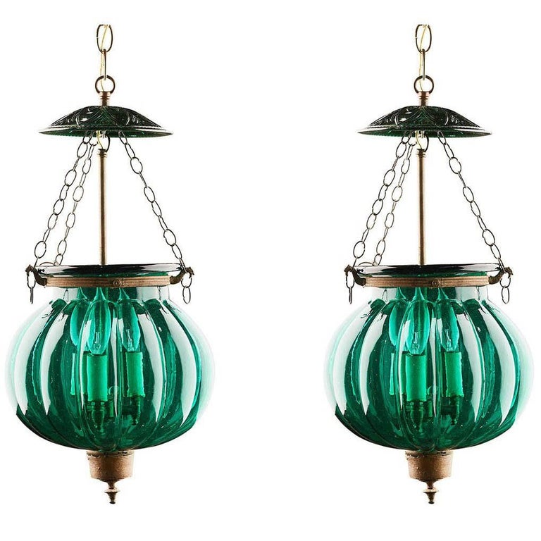 Pair of Green Glass Bell Jar Lanterns, India, circa 1900 at 1stDibs