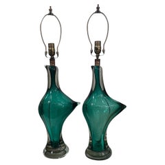 Pair of Green Glass Birds Lamps