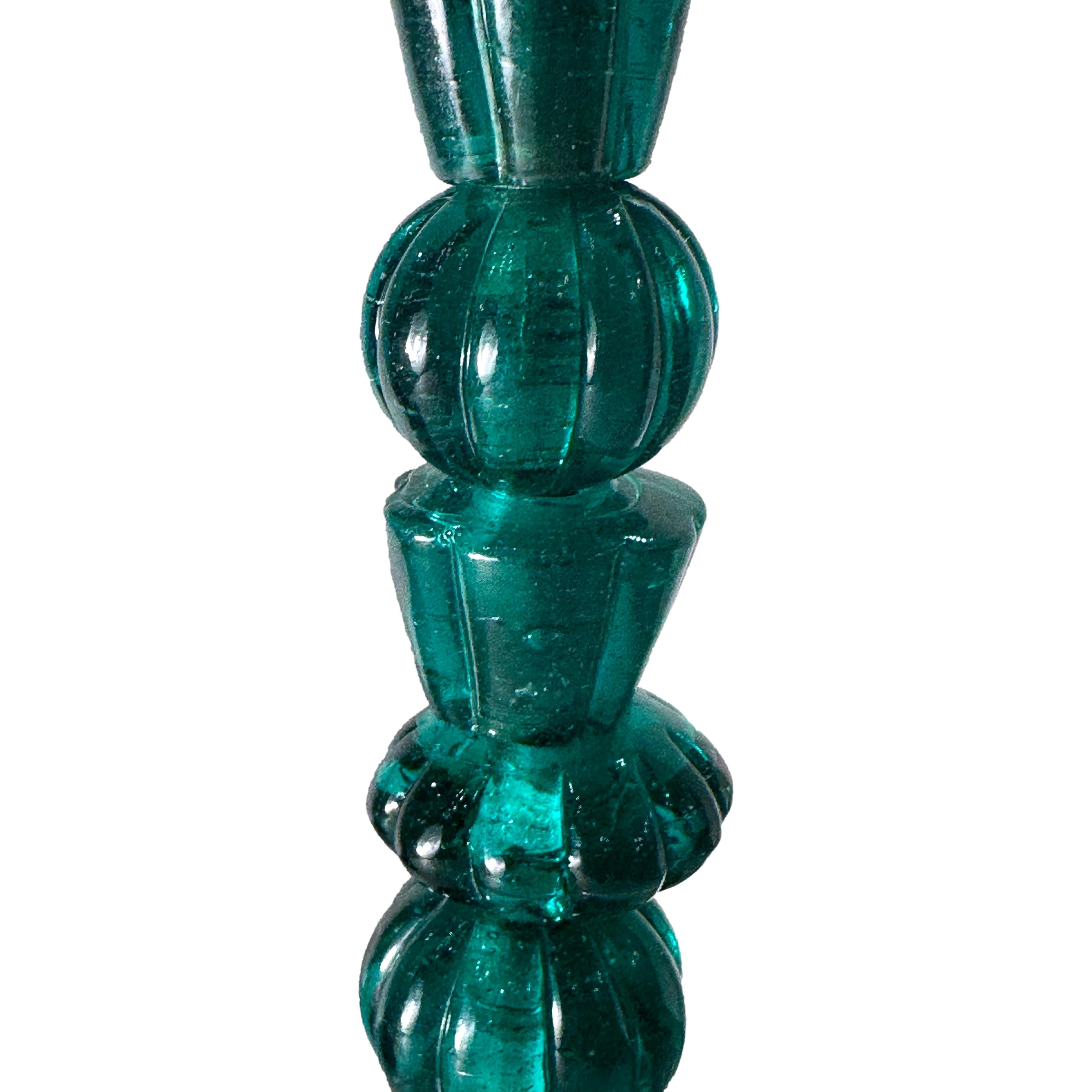 Molded Pair of Green Glass Candlestick Lamps For Sale