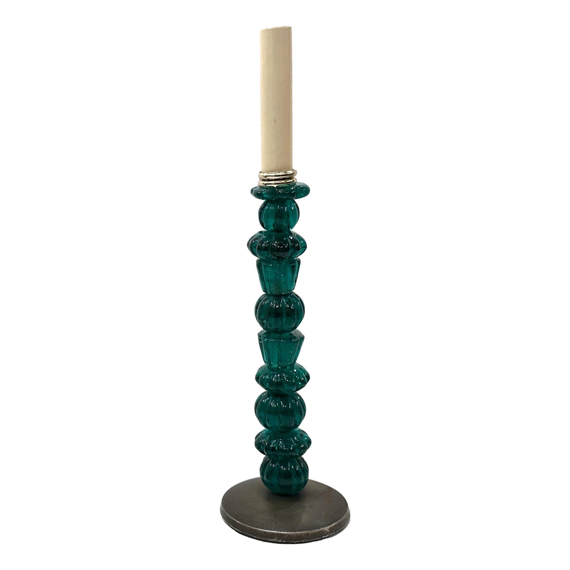 Mid-20th Century Pair of Green Glass Candlestick Lamps For Sale