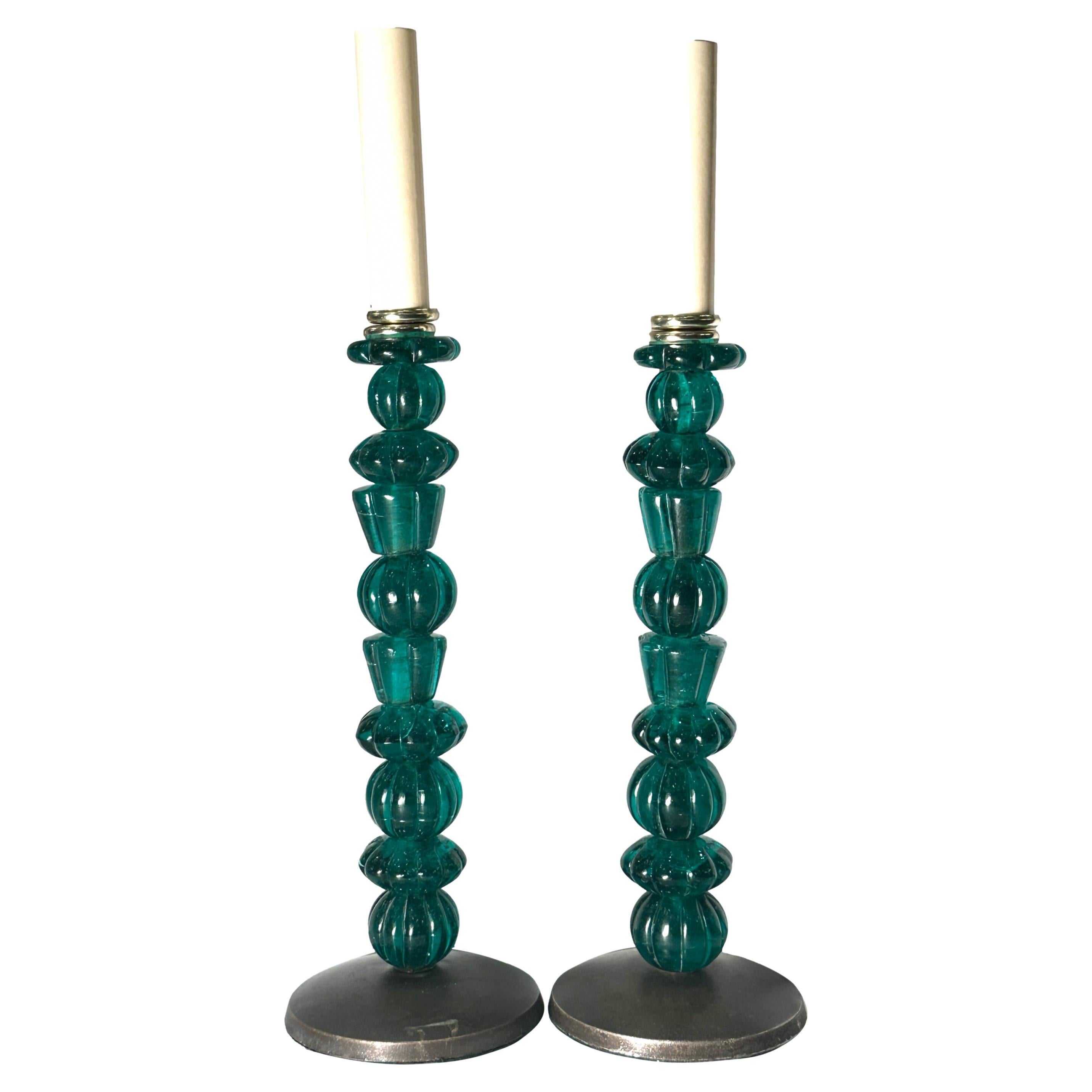 Pair of Green Glass Candlestick Lamps For Sale