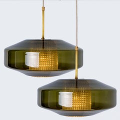 Pair of Green Glass Disc Pendants by Carl Fagerlund for Orrefors, 1960s