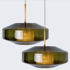 Pair of Green Glass Disc Pendants by Carl Fagerlund for Orrefors, 1960s