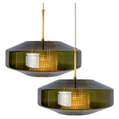 Pair of Green Glass Disc Pendants by Carl Fagerlund for Orrefors, 1960s