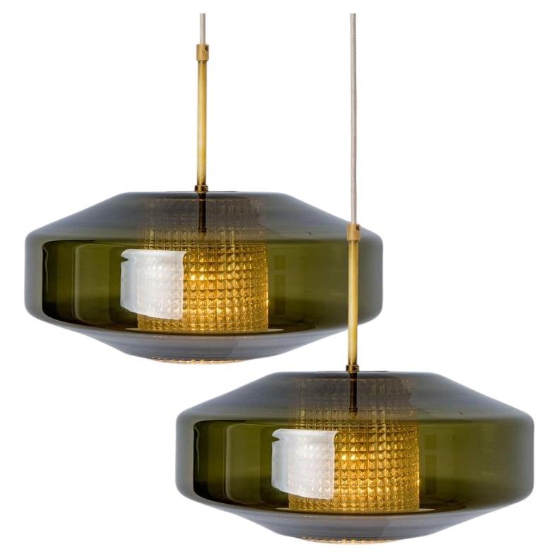 Pair of Green Glass Disc Pendants by Carl Fagerlund for Orrefors, 1960s