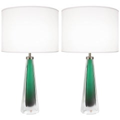 Pair of Green Glass Lamps by Kosta Boda