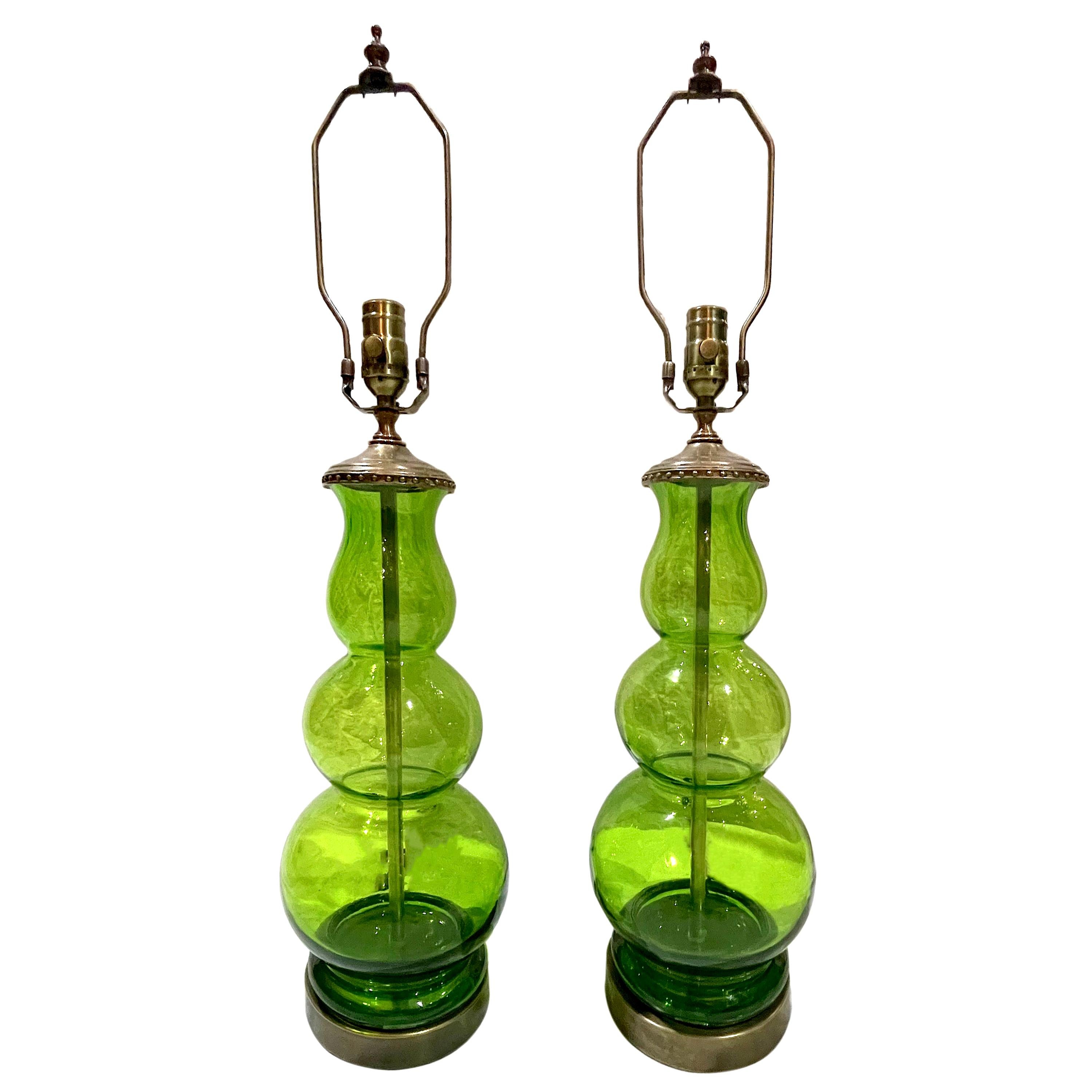 Pair of Green Glass Lamps For Sale