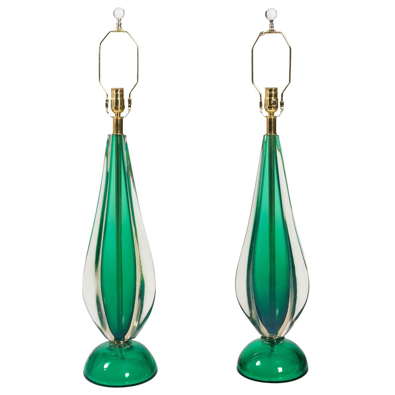 Pair of Green Glass Modern Murano Lamps