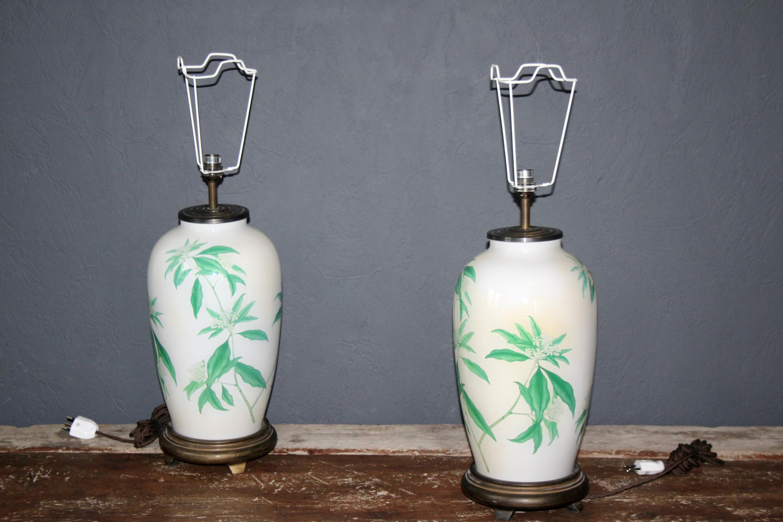 Pair of green glass table lamp , dimensions with out shade H 49 BY 19 cm 