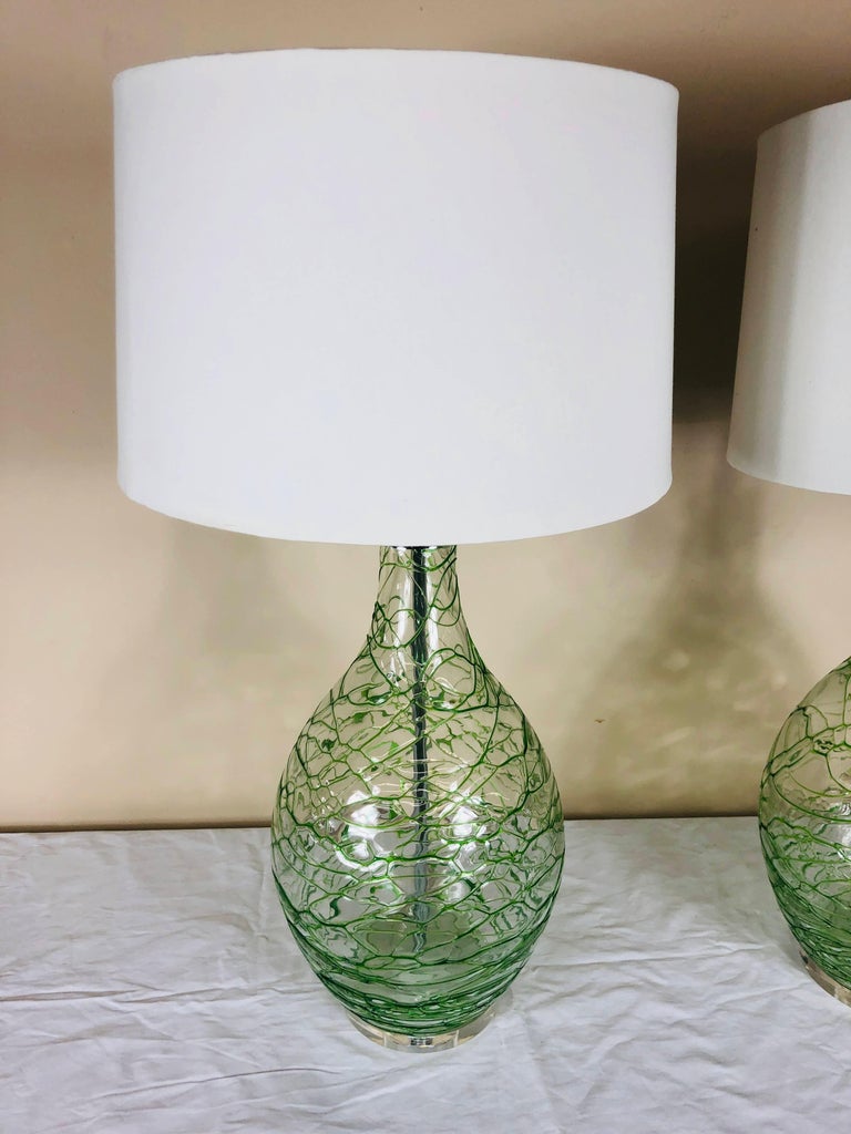 Pair of Green Glass Table Lamps For Sale at 1stDibs