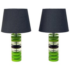 Pair of Green Glass Tablelamps by Kjell Blomberg for Örsjö, Sweden, 1970s