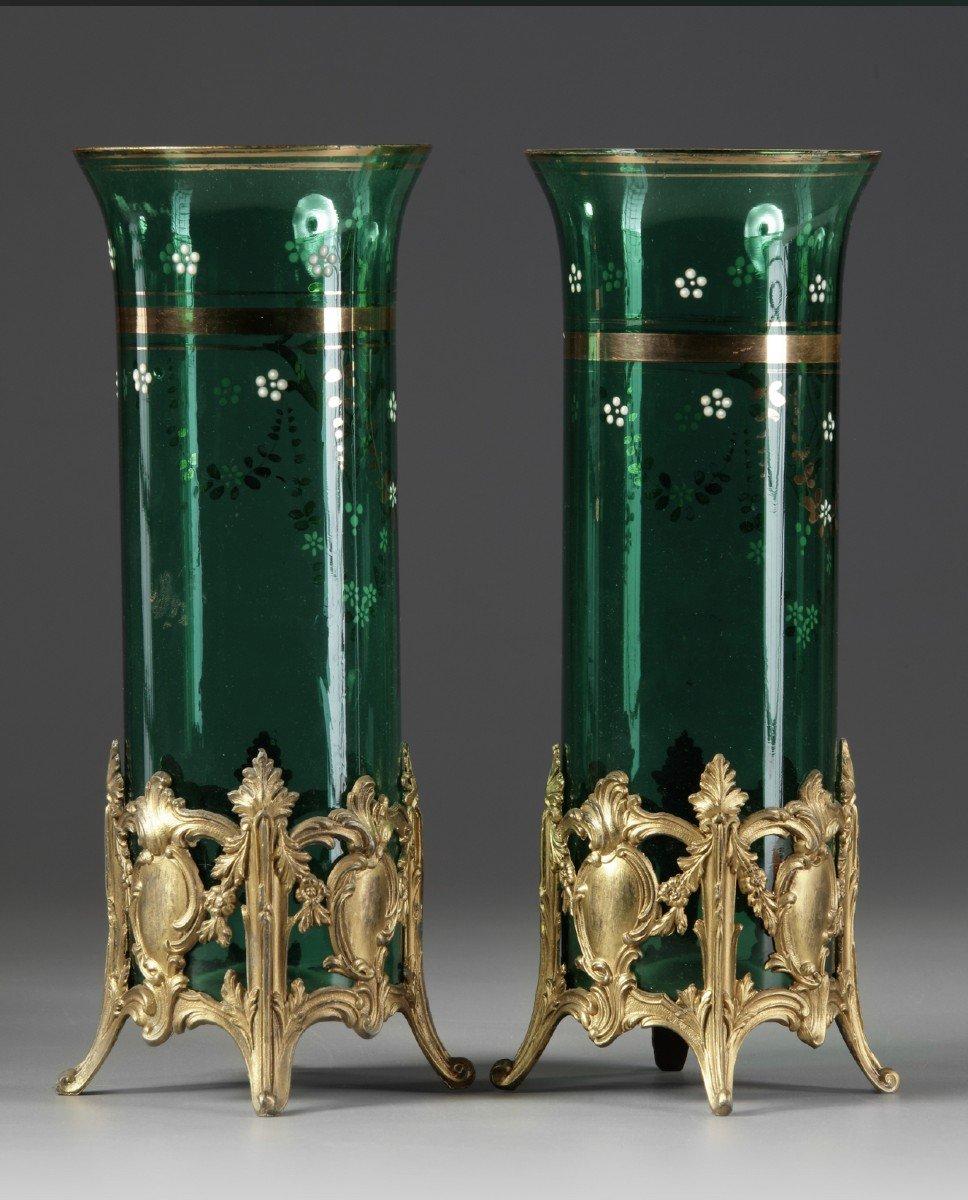 Pair of green glass vases with gilt metal mountings
LATE 19TH CENTURY
Measures: Height: 26.5 cm.
