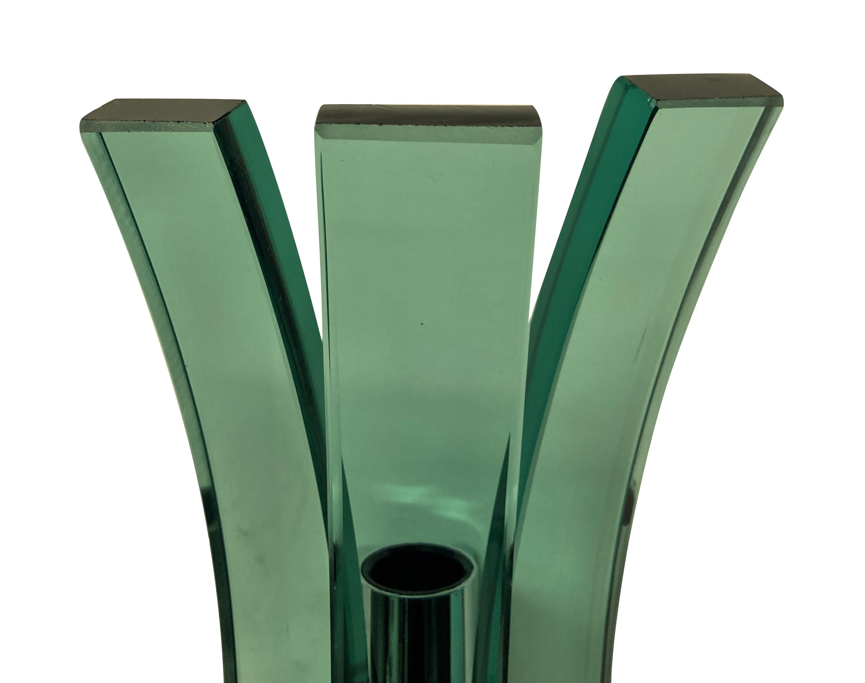 A pair of Italian wall sconces in green glass by Veca, each with three curved glass panels with up-lighter and down-lighter.
