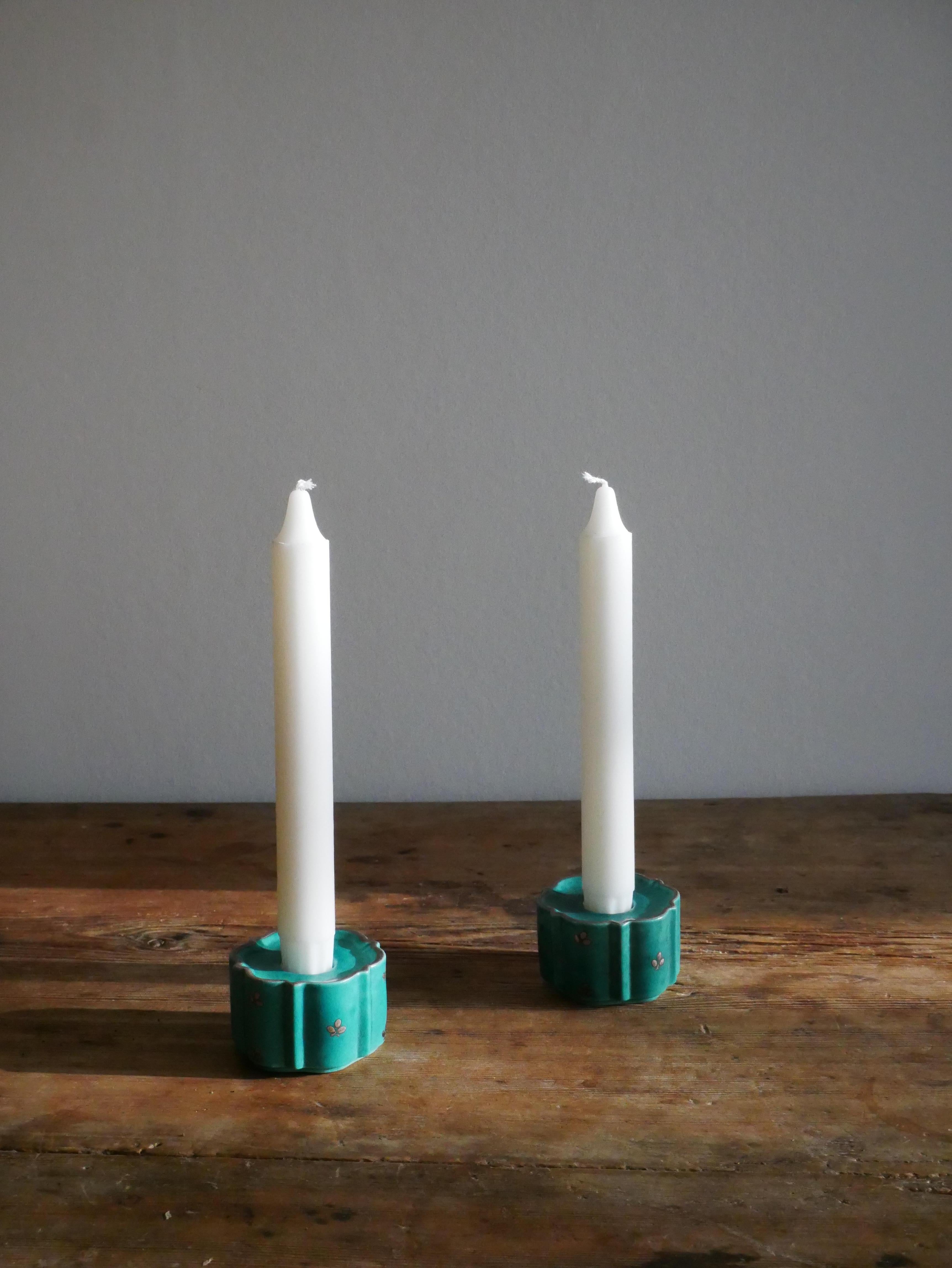 Swedish Pair of Green Glazed ‘Argenta’ Candlesticks by Wilhelm Kåge, Gustavsberg  For Sale