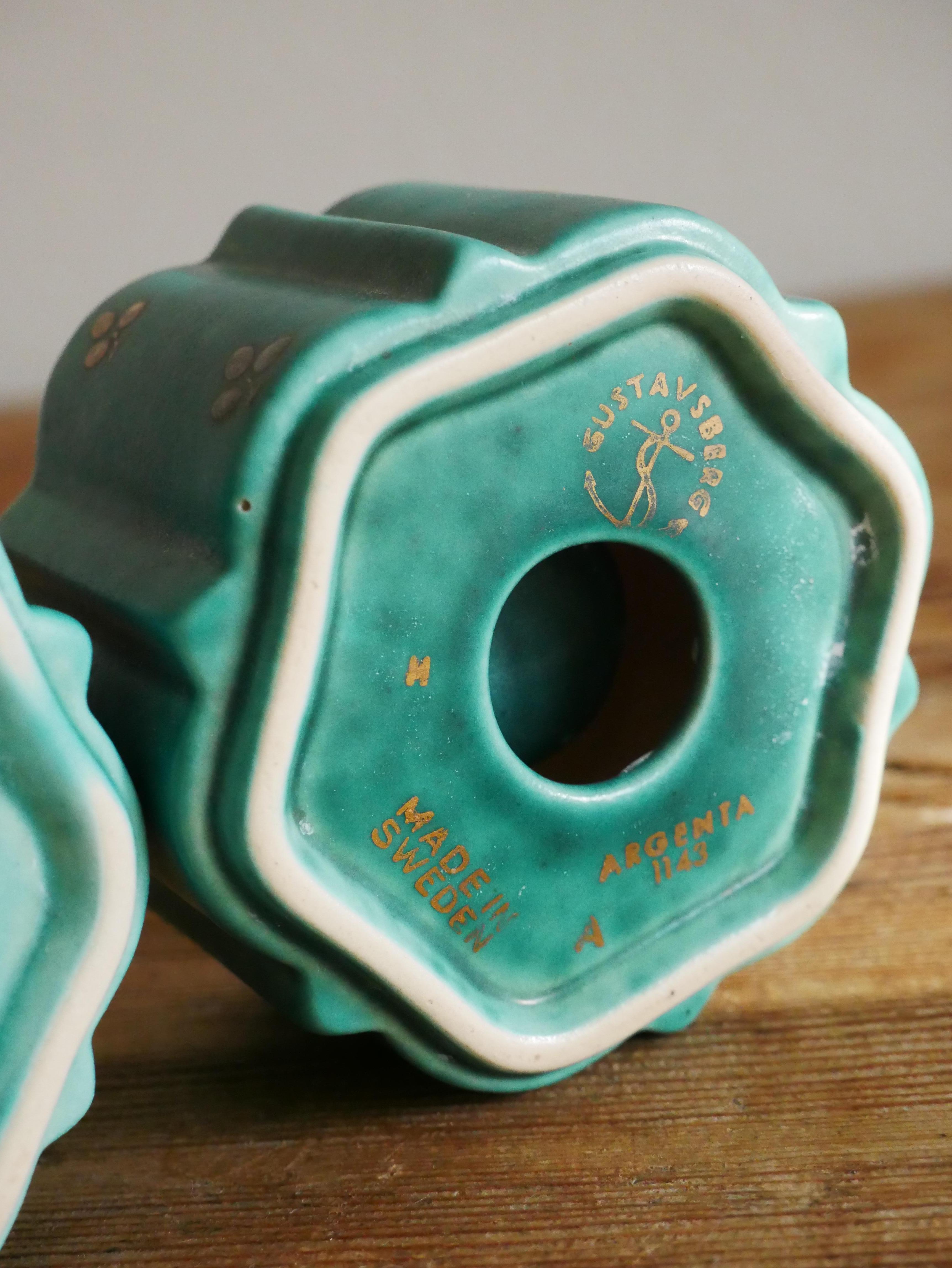 Hand-Crafted Pair of Green Glazed ‘Argenta’ Candlesticks by Wilhelm Kåge, Gustavsberg  For Sale
