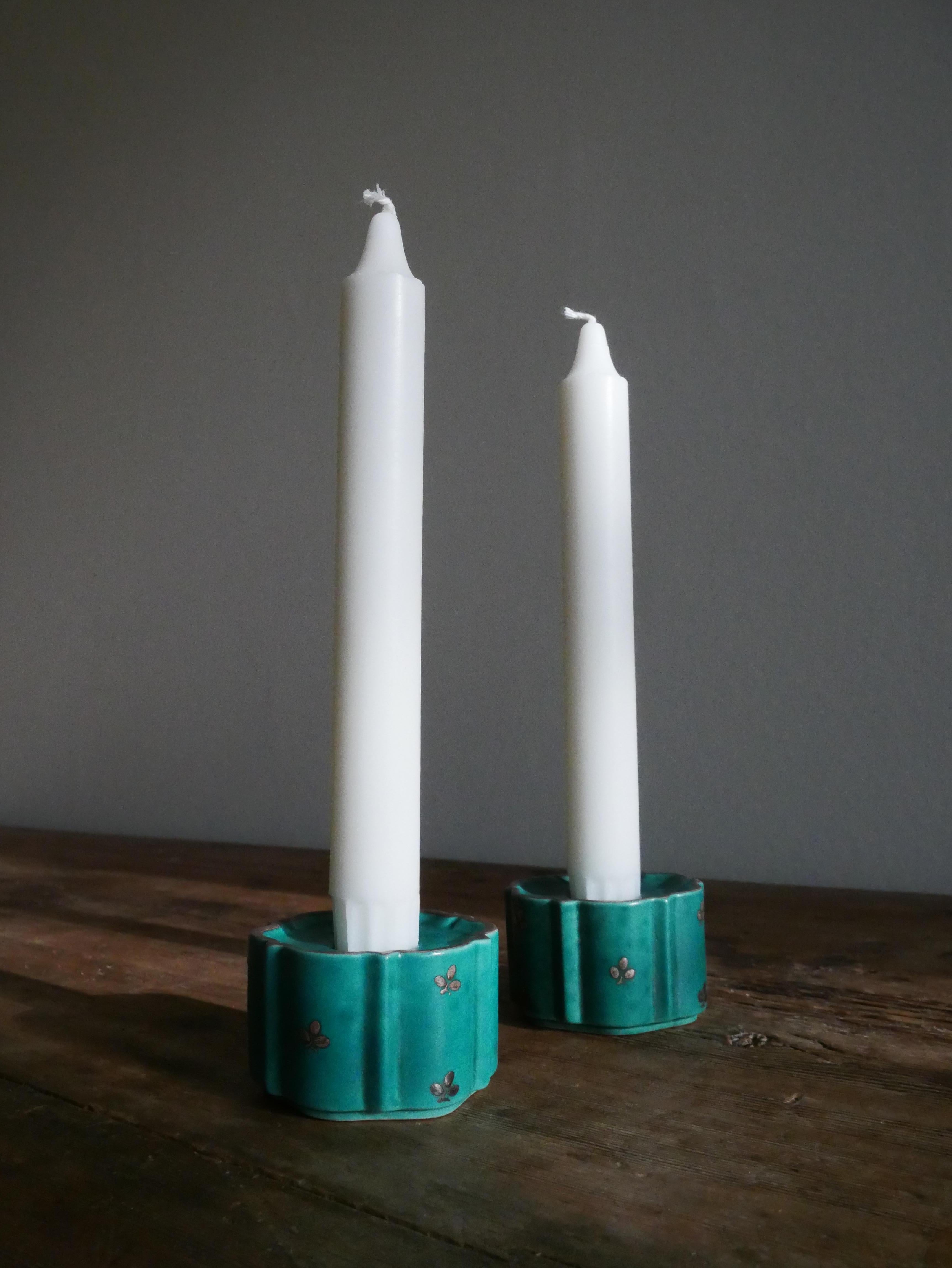 Stoneware Pair of Green Glazed ‘Argenta’ Candlesticks by Wilhelm Kåge, Gustavsberg  For Sale
